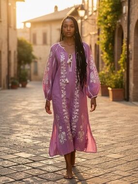 March 11 Linen Boho Embroidered Maxi Dress L Caftan